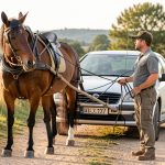 Cheval attelé avec un harnais ajusté avant une sortie.