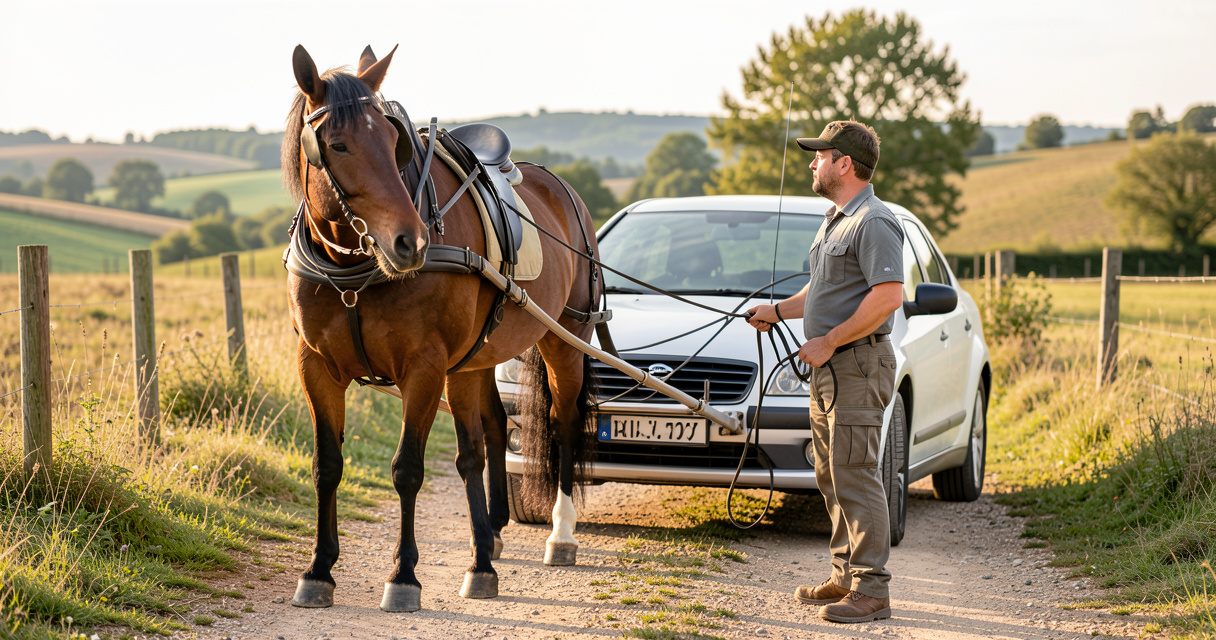 Cheval attelé avec un harnais ajusté avant une sortie.