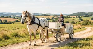 Cheval attelé à une voiture légère sur un chemin rural sécurisé.