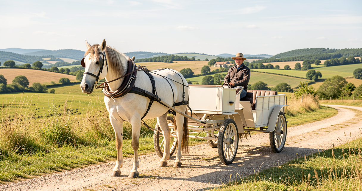 Cheval attelé à une voiture légère sur un chemin rural sécurisé.