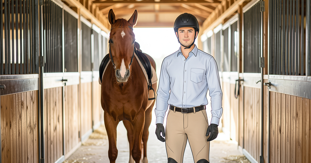 Pantalon équitation homme beige full grip porté par un cavalier en écurie