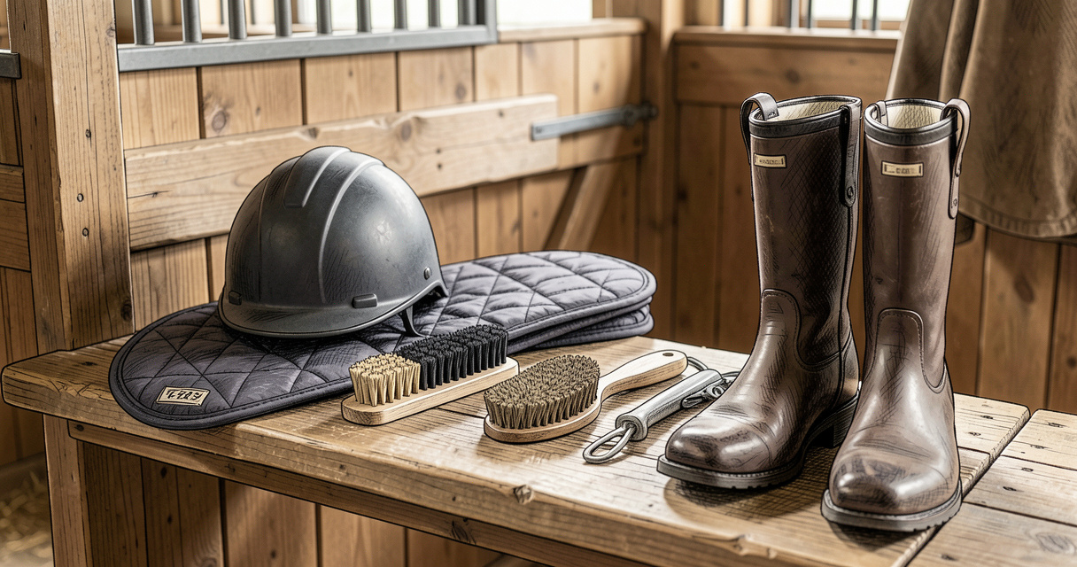 Kit matériel équitation pas cher : bombe, tapis de selle et brosses pour débuter