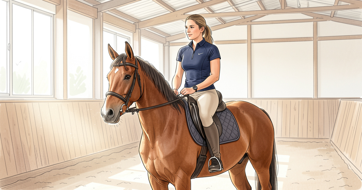 Cavalière moderne en pantalon Pomme Équitation sur son cheval au manège