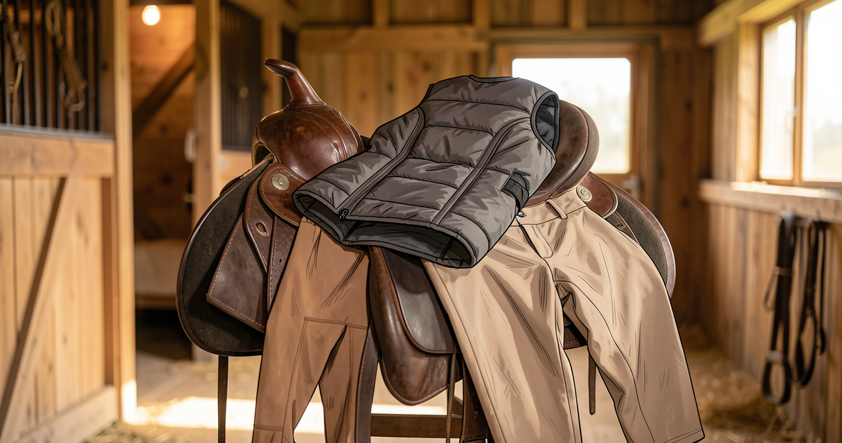 Veste airbag Pomme Équitation posée sur une selle dans une écurie