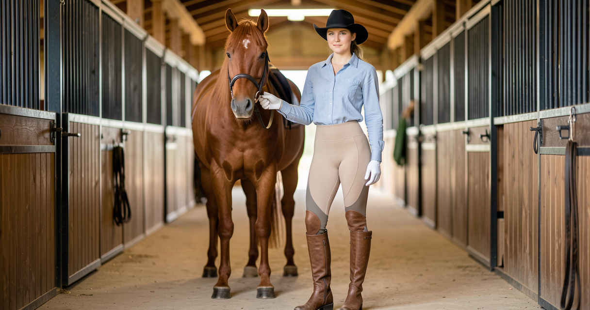 Legging équitation femme taille haute beige avec grip silicone, cavalière près de son cheval