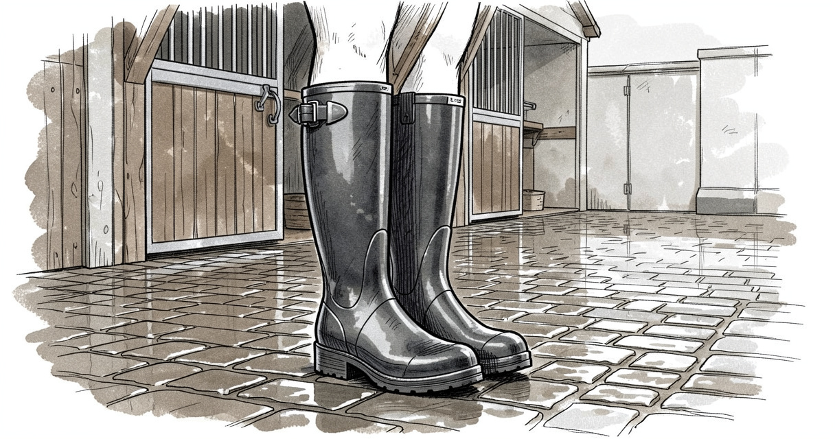 Botte équitation en caoutchouc sur pavés humides, idéale pour l'écurie