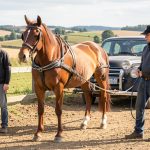 Jeune cheval préparé à l'attelage avec un meneur et un aide au sol.