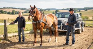Jeune cheval préparé à l'attelage avec un meneur et un aide au sol.