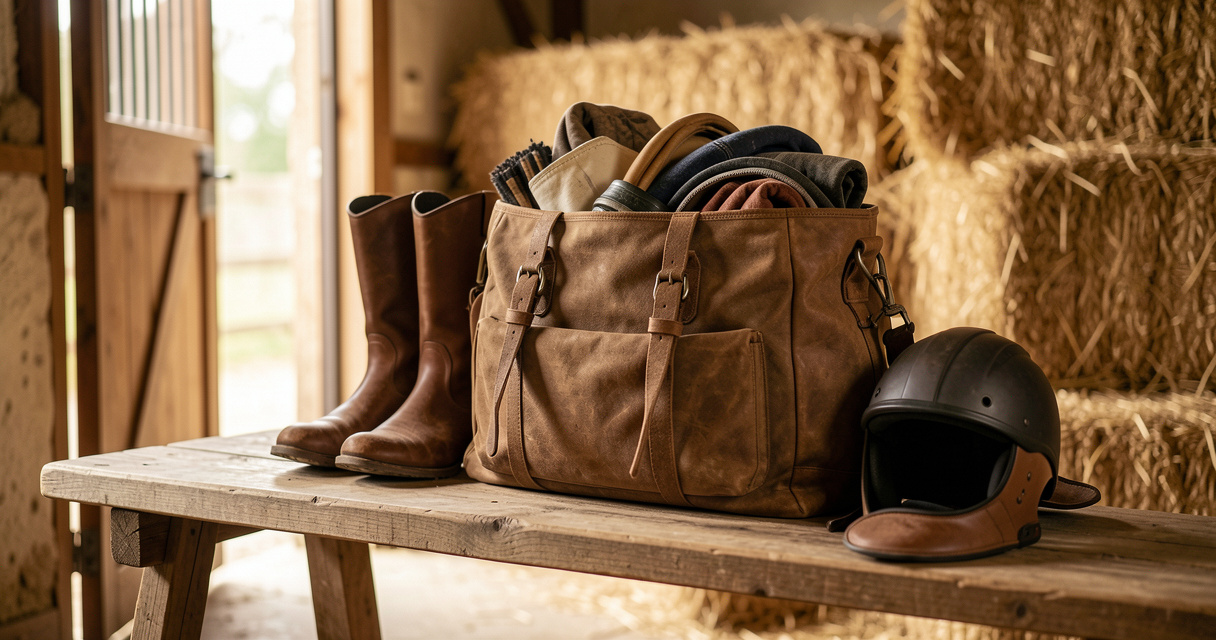 Sac d'équitation posé sur un banc d'écurie avec bottes et casque