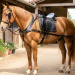 Cheval d'attelage équipé d'un harnais complet en cuir avec bricole anatomique et sellette ajustée