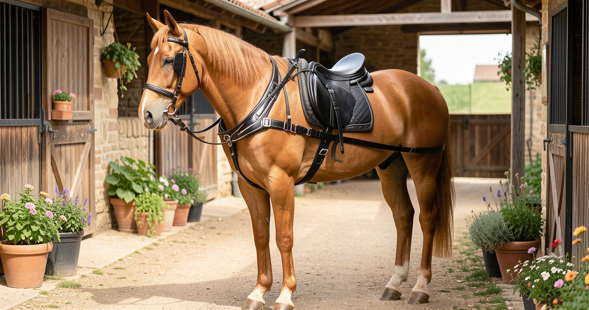 Cheval d'attelage équipé d'un harnais complet en cuir avec bricole anatomique et sellette ajustée