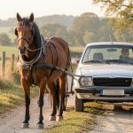 Cheval attelé à une voiture légère sur un chemin de randonnée