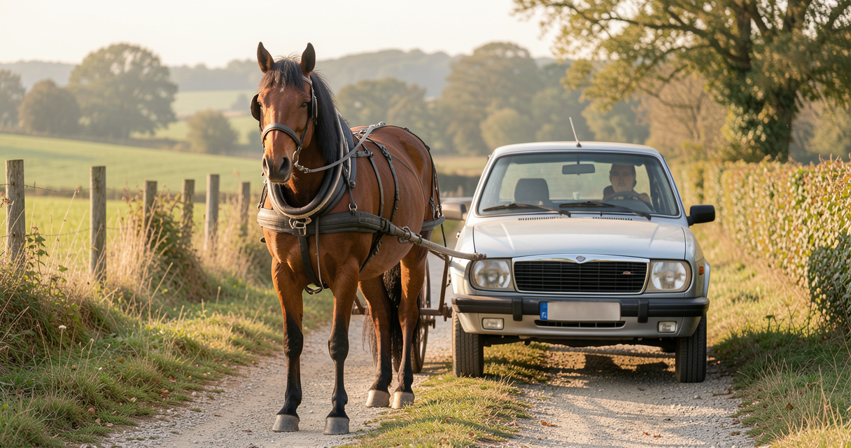 Cheval attelé à une voiture légère sur un chemin de randonnée