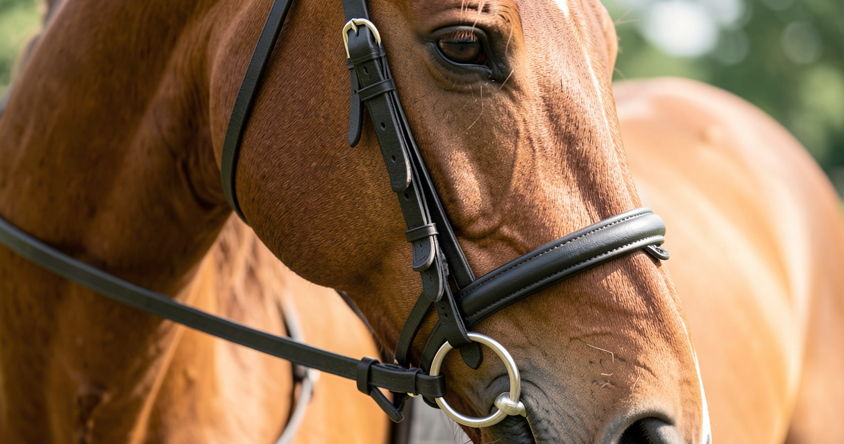 Gros plan sur une bride équitation en cuir noir portée par un cheval bai