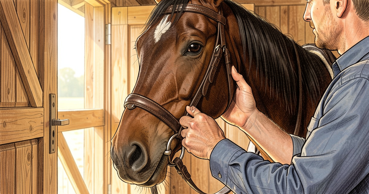 Cavalier réglant la muserolle d'une bride cheval en cuir havane