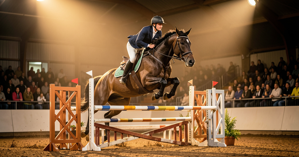 Équitation en direct gratuit : cavalier franchissant un obstacle en concours